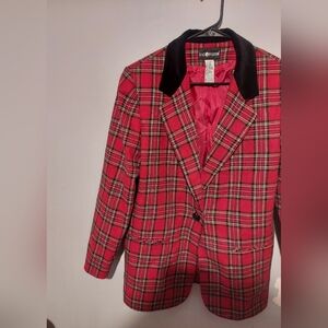 Vtg Y2K Wool Blazer 12 Red Tartan Plaid Velvet Collar Preppy Old Money Academia
